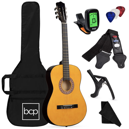 38In Beginner Acoustic Guitar Starter Kit W/ Gig Bag, Strap, Digital Tuner, Strings - Natural