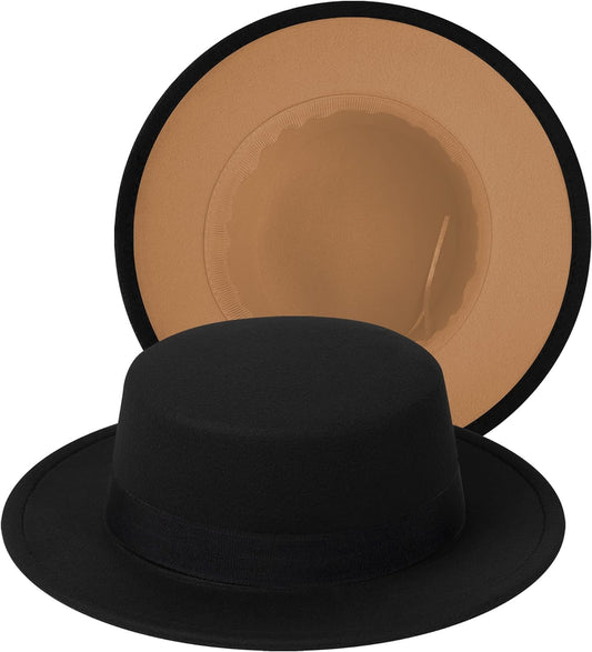 Classic Fedora Hat Two Tone Flat Top Hat with Band Wide Brim Pork Pie Hat Adjustable Patchwork Colors Panama Hat